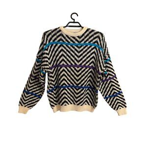 Vintage Mergers Sweater XL Geometric Print Black White Multi Color Bands USA